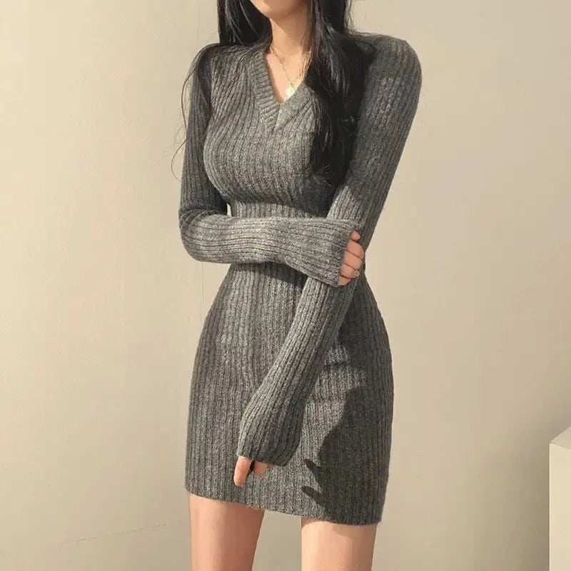 Women Knit  V-Neck Long Solid Casual  Sweater Autumn Winter Midi Dresses