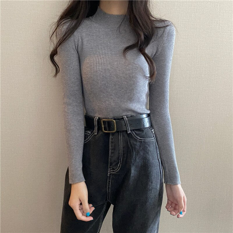 DressBetty - Knitted Half Turtleneck Full Sleeve Basic Tops