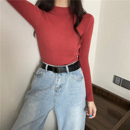 DressBetty - Knitted Half Turtleneck Full Sleeve Basic Tops