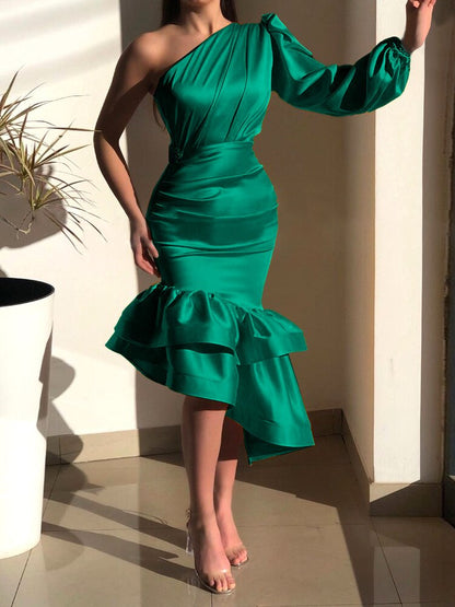 DressBetty - One Shoulder Evening Dress  Diagonal Collar Long Sleeve Party Dress