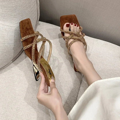New Summer Rhinestone Ankle Strap Ladies High Thick Squares  Shoes Low Heel Pumps