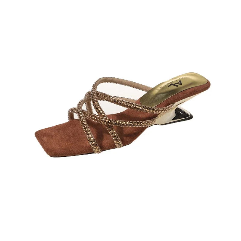 New Summer Rhinestone Ankle Strap Ladies High Thick Squares  Shoes Low Heel Pumps