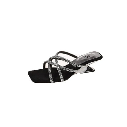 New Summer Rhinestone Ankle Strap Ladies High Thick Squares  Shoes Low Heel Pumps