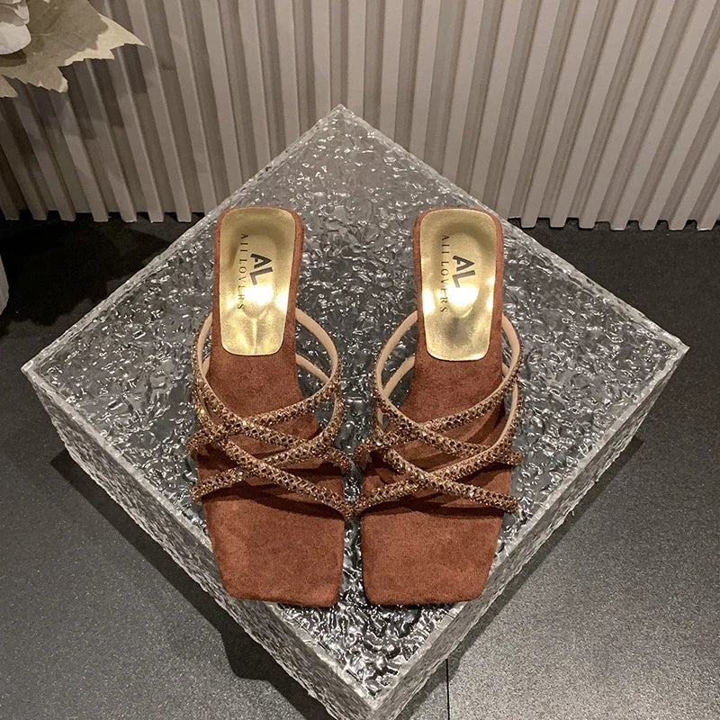 New Summer Rhinestone Ankle Strap Ladies High Thick Squares  Shoes Low Heel Pumps