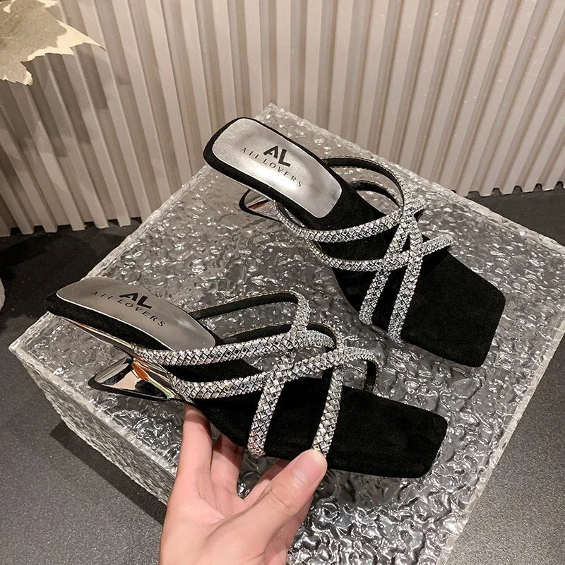 New Summer Rhinestone Ankle Strap Ladies High Thick Squares  Shoes Low Heel Pumps
