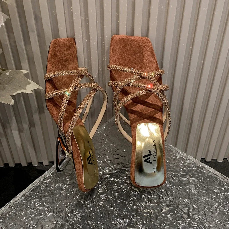 New Summer Rhinestone Ankle Strap Ladies High Thick Squares  Shoes Low Heel Pumps