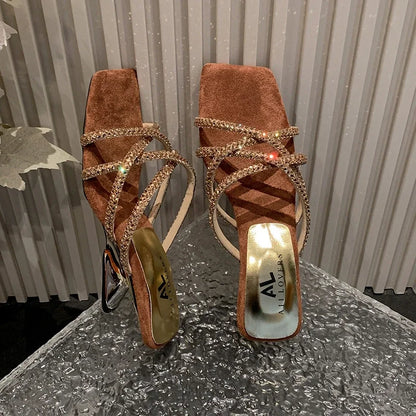 New Summer Rhinestone Ankle Strap Ladies High Thick Squares  Shoes Low Heel Pumps