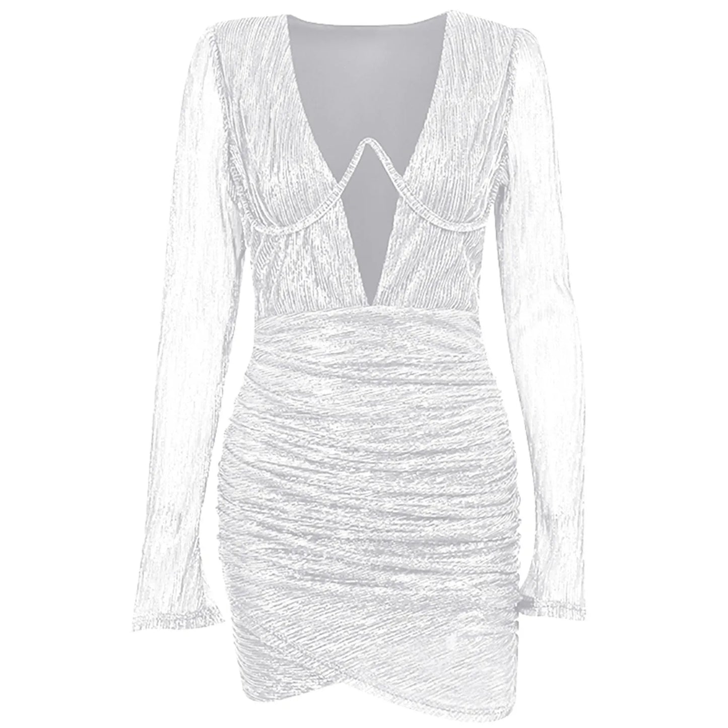 Deep V Neck Tempting Wrap Hip Solid Color Long Sleeve Bodycon Pleated Slim Mini Evening Dress
