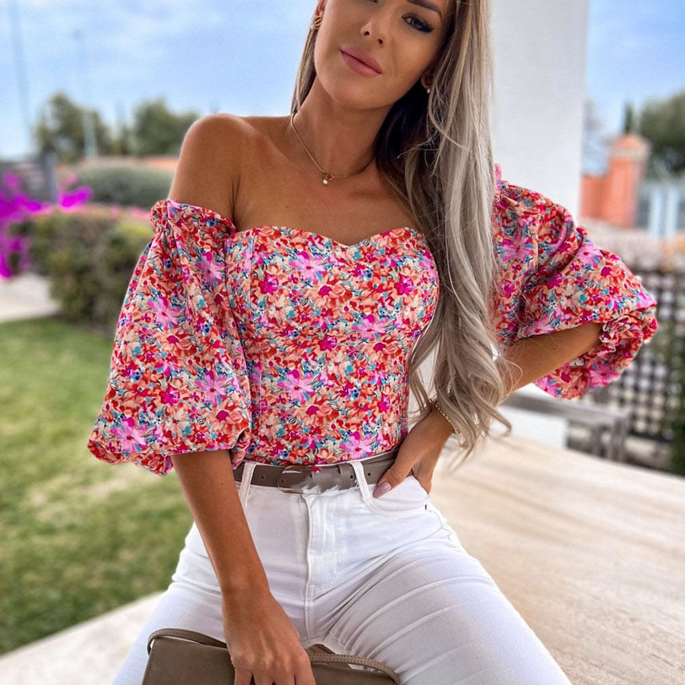 DressBetty - Women  Top Summer Off Shoulder Floral Blouses Holiday Slash Neck Tops