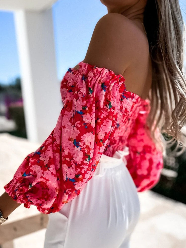 DressBetty - Women  Top Summer Off Shoulder Floral Blouses Holiday Slash Neck Tops