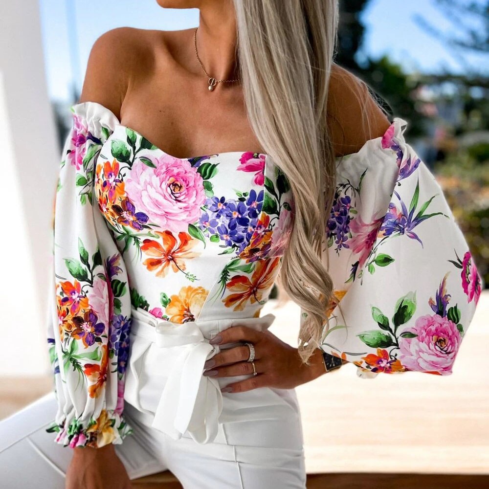 DressBetty - Women  Top Summer Off Shoulder Floral Blouses Holiday Slash Neck Tops