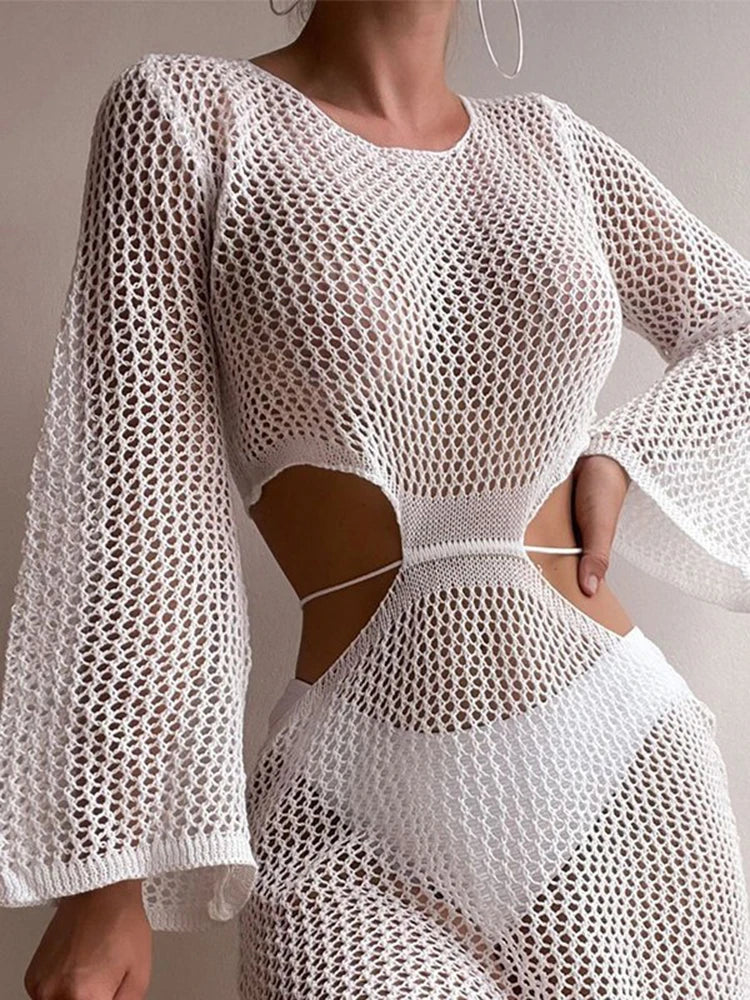 Women  White Cutout Long Cover Up Midi Dresses
