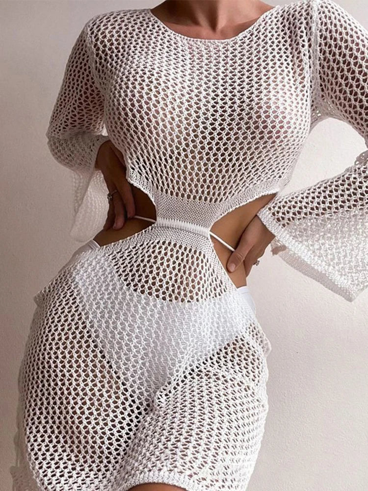 Women  White Cutout Long Cover Up Midi Dresses
