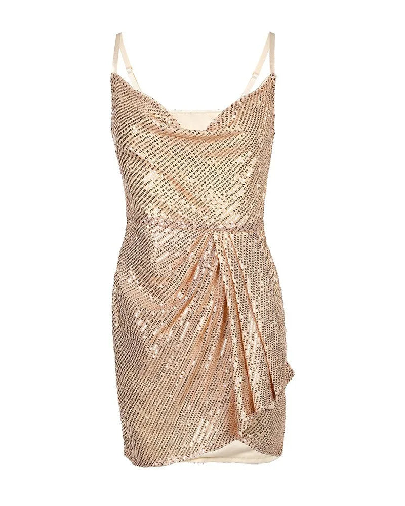 Spaghetti Strap Sleeveless Ruched Mini Sequin Irregular Hem  Bodycon Party Club Wear Dress