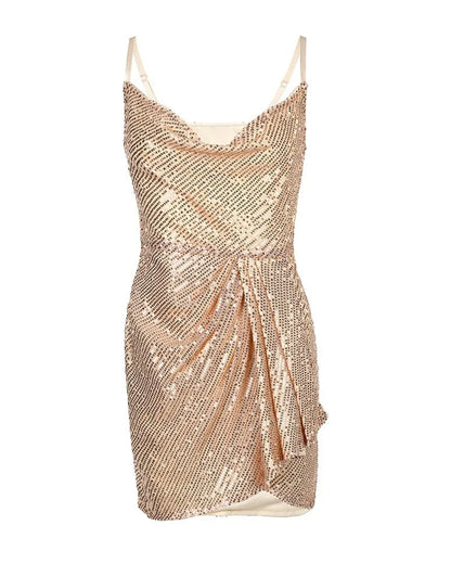 Spaghetti Strap Sleeveless Ruched Mini Sequin Irregular Hem  Bodycon Party Club Wear Dress