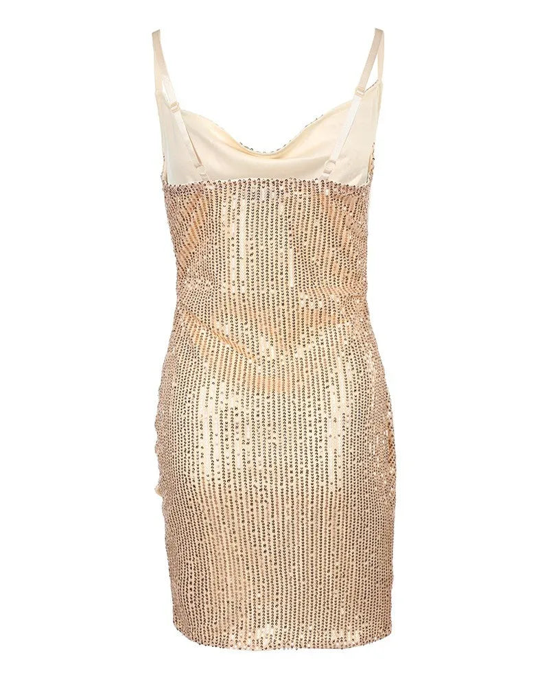 Spaghetti Strap Sleeveless Ruched Mini Sequin Irregular Hem  Bodycon Party Club Wear Dress
