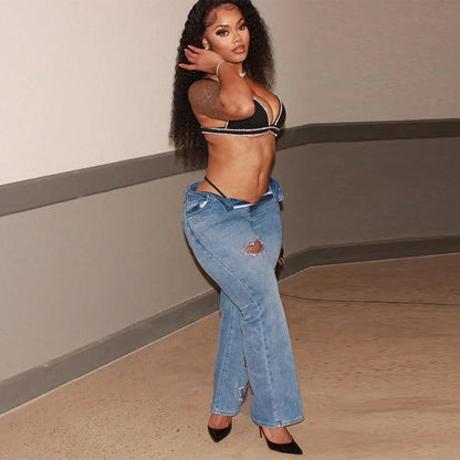 Women Straight Heart Diamond Hollow Out Pockets Vintage Denim Casual Y2K Harajuku Fashion Jeans