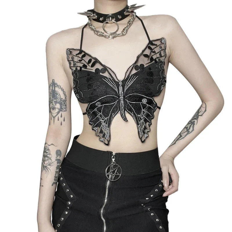 Gothic Butterfly-Shape  Black Halter Strappy Backless Crop Top