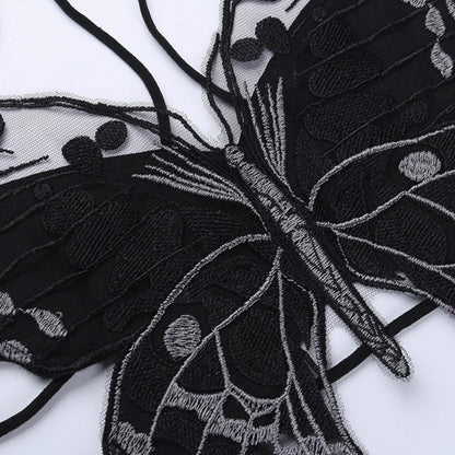 Gothic Butterfly-Shape  Black Halter Strappy Backless Crop Top