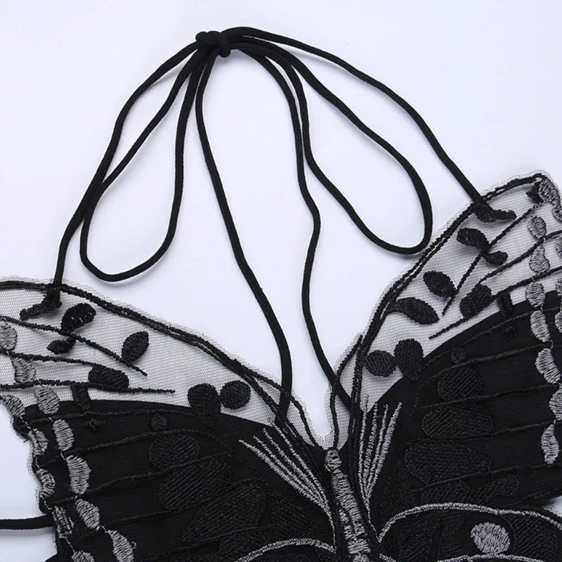 Gothic Butterfly-Shape  Black Halter Strappy Backless Crop Top