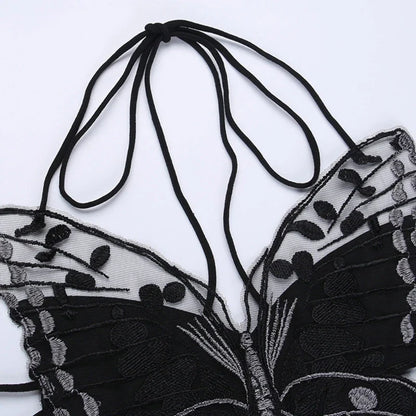Gothic Butterfly-Shape  Black Halter Strappy Backless Crop Top