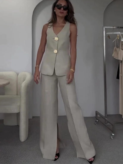 Summer Sleeveless Wide Leg Pants Office Two Piece Set
