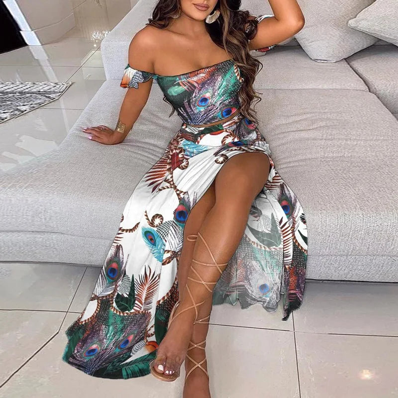 DressBetty - Summer Floral Print Elegant  Off Shoulder Split Long Maxi Skirt