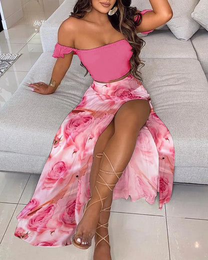 DressBetty - Summer Floral Print Elegant  Off Shoulder Split Long Maxi Skirt