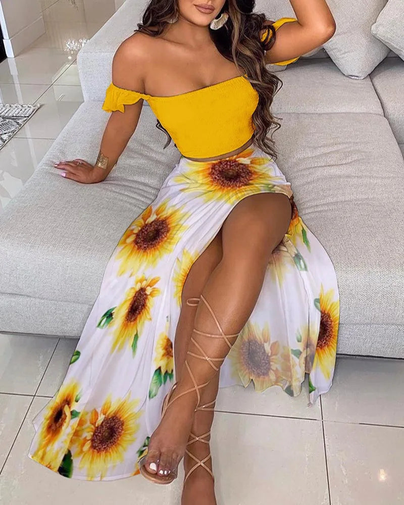 DressBetty - Summer Floral Print Elegant  Off Shoulder Split Long Maxi Skirt