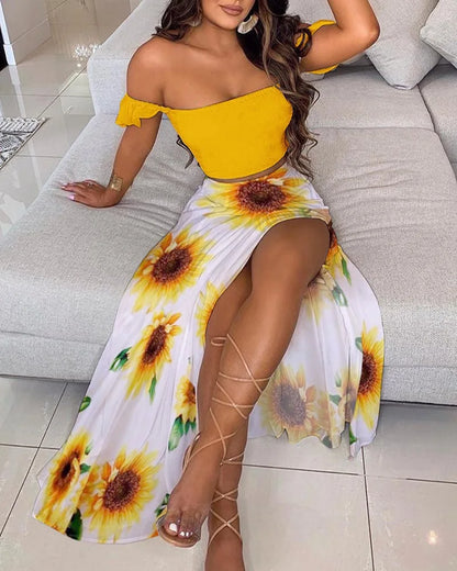 DressBetty - Summer Floral Print Elegant  Off Shoulder Split Long Maxi Skirt