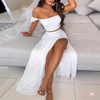 DressBetty - Summer Floral Print Elegant  Off Shoulder Split Long Maxi Skirt