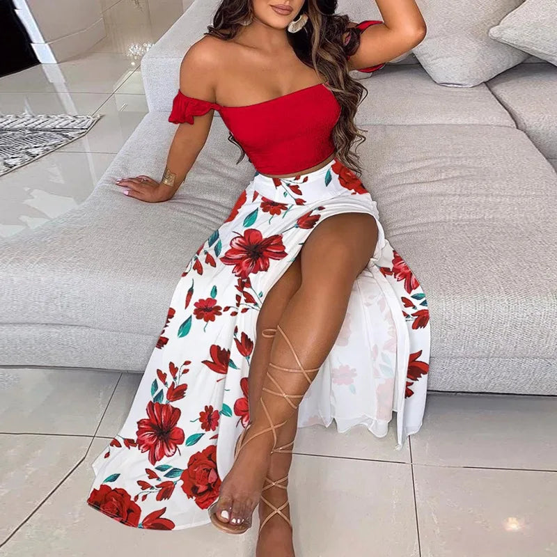DressBetty - Summer Floral Print Elegant  Off Shoulder Split Long Maxi Skirt