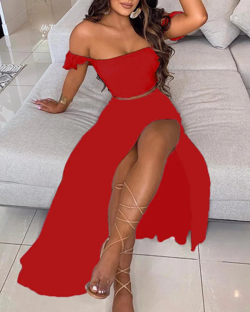 DressBetty - Summer Floral Print Elegant  Off Shoulder Split Long Maxi Skirt