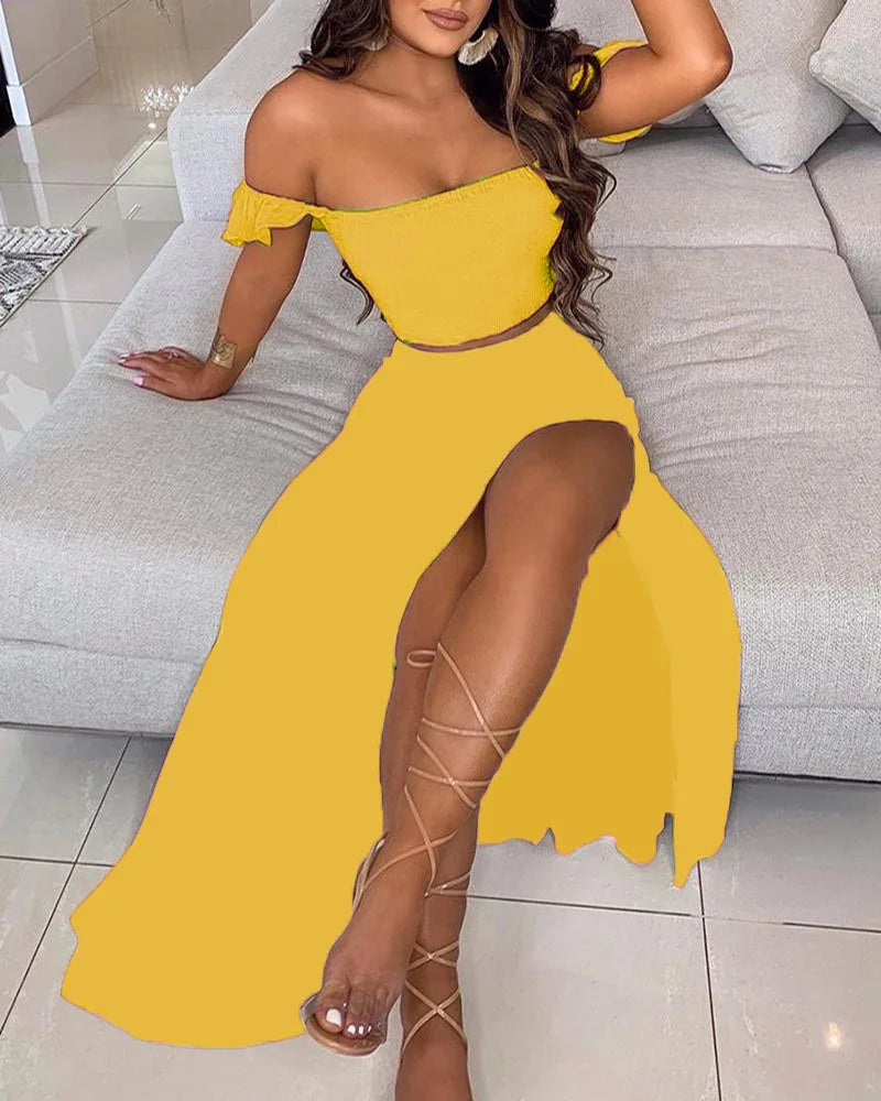 DressBetty - Summer Floral Print Elegant  Off Shoulder Split Long Maxi Skirt