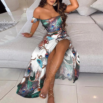 DressBetty - Summer Floral Print Elegant  Off Shoulder Split Long Maxi Skirt