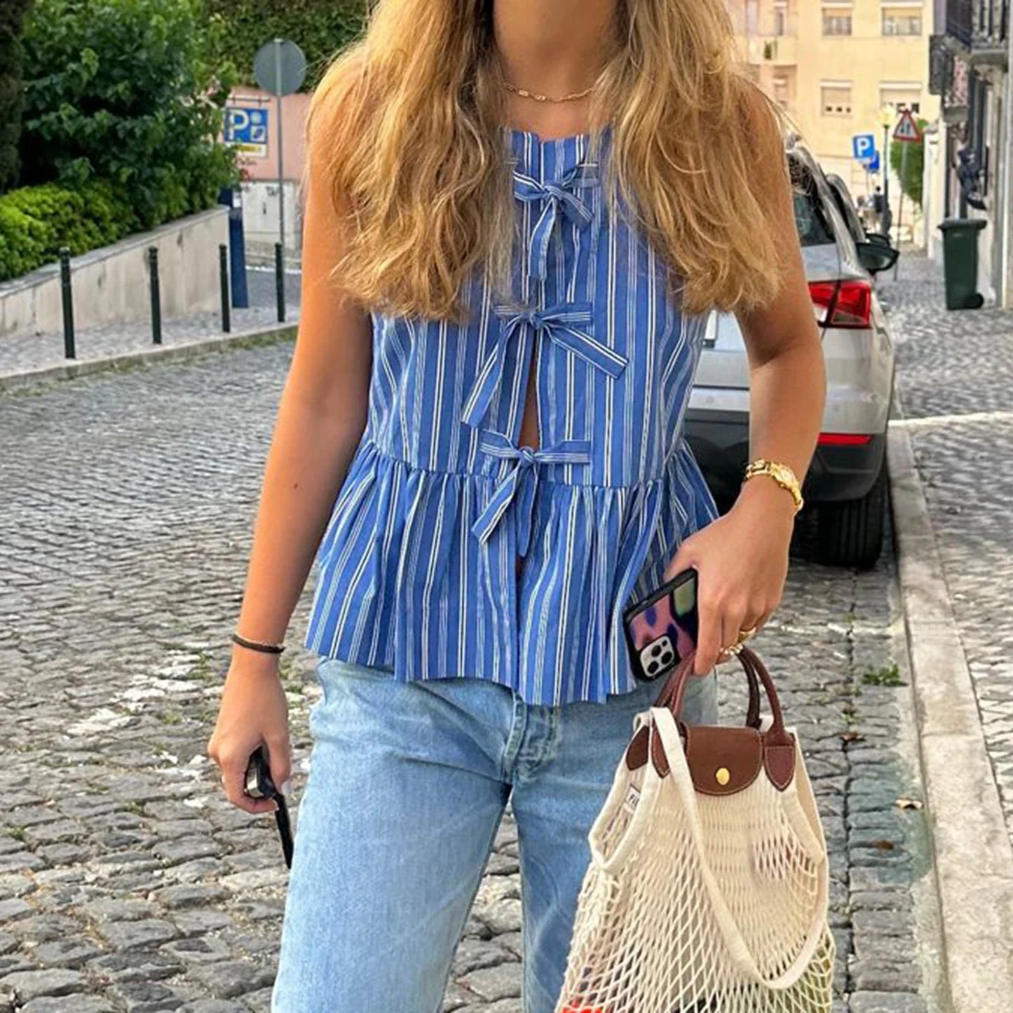 Striped Tie-Up Hollow Crop Top