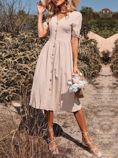 DressBetty - Women Vintage Holiday V Neck Buttons High Waist A-Line Casual Dress