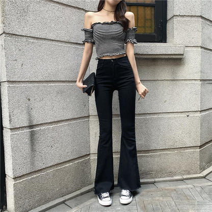DressBetty - Casual High Waist Slim Flare Jeans High Street Vintage Stretchable Boot Cut Denim Pants