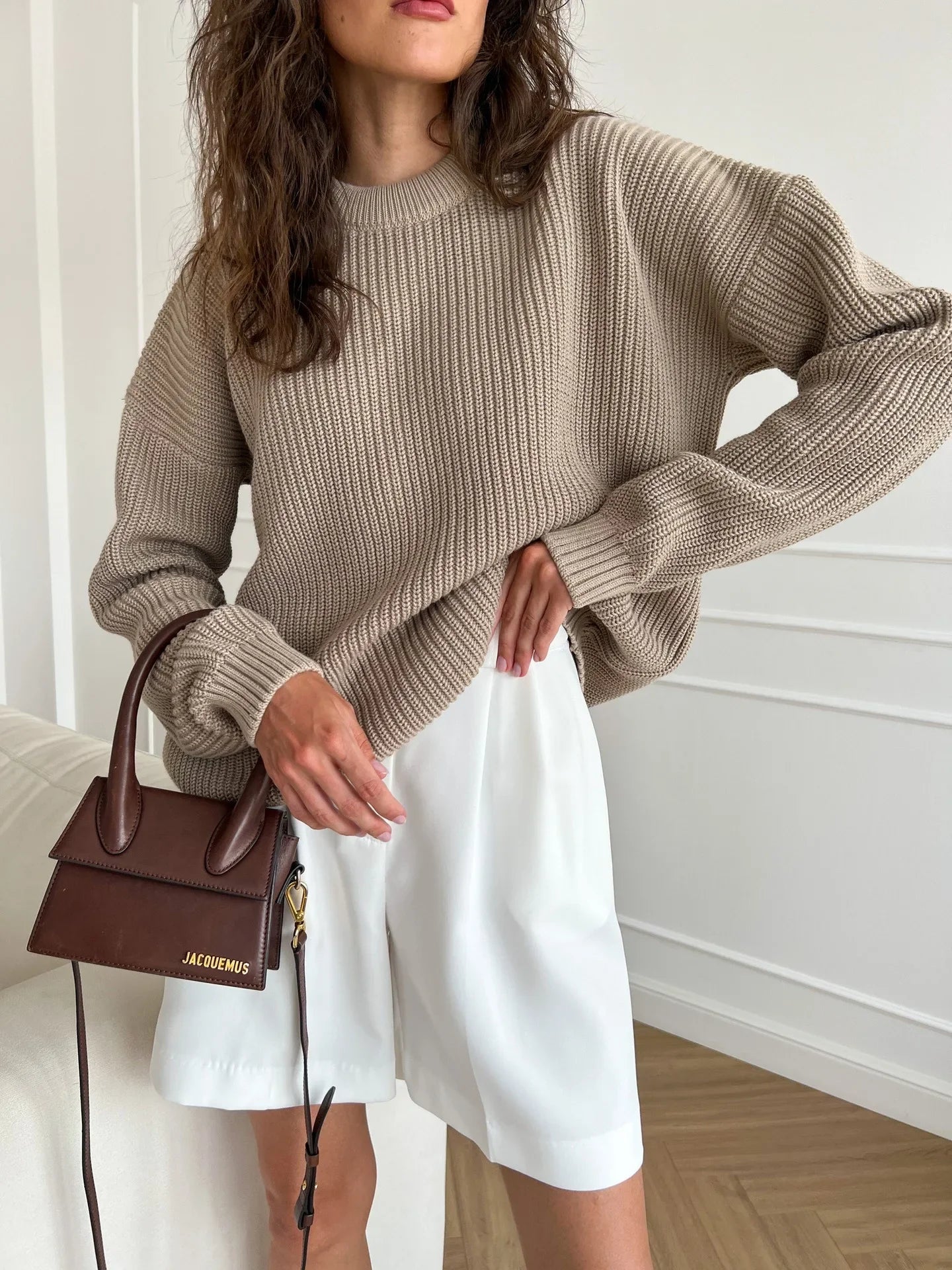 Warm Vintage Green Knitted Oversized Thick Loose White Sweater