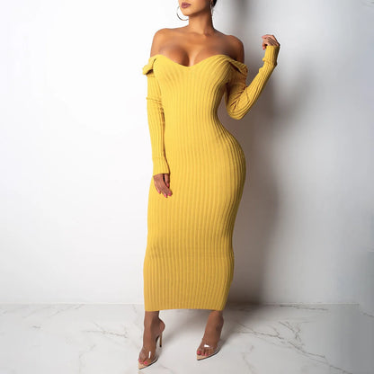 DressBetty - 2024  Deep V Neck Off Shoulder Rib Knit Midi Dress