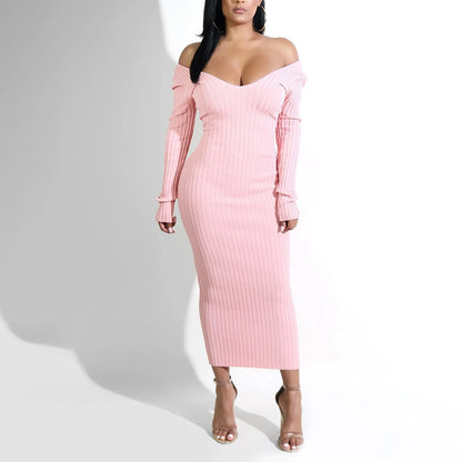 DressBetty - 2024  Deep V Neck Off Shoulder Rib Knit Midi Dress