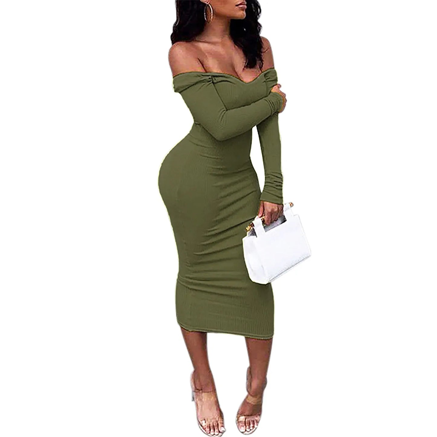 DressBetty - 2024  Deep V Neck Off Shoulder Rib Knit Midi Dress