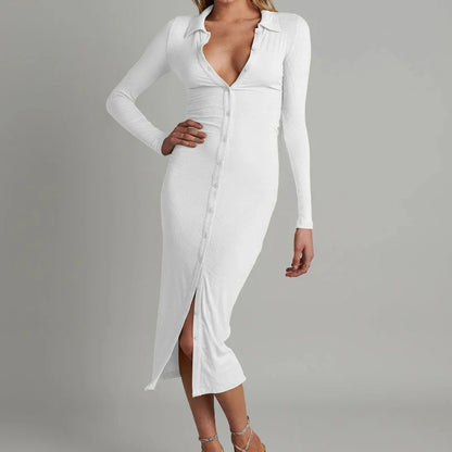 Tight Bag Hip Button-up Ribbed Slim  Midi Dresses