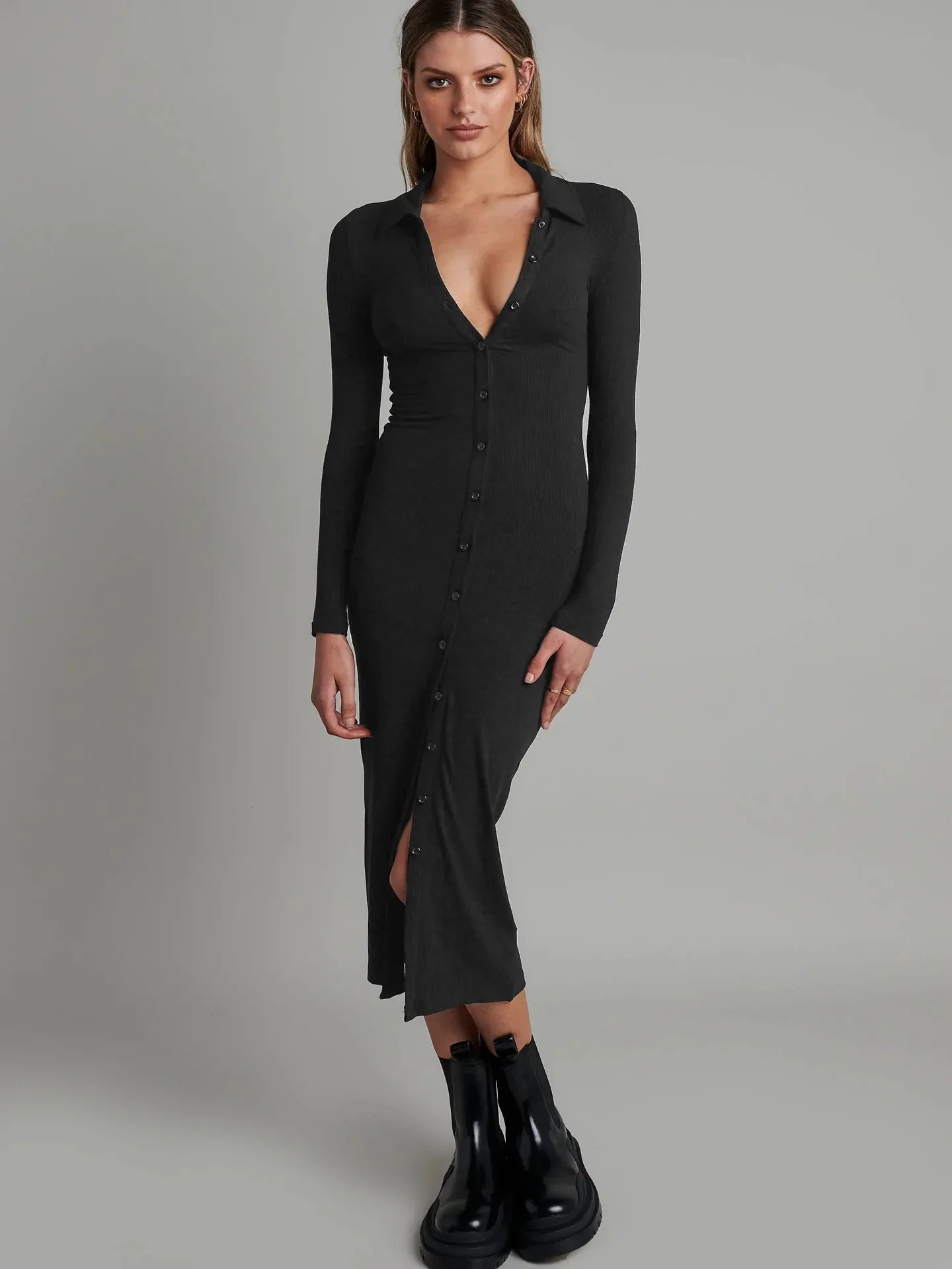 Tight Bag Hip Button-up Ribbed Slim  Midi Dresses