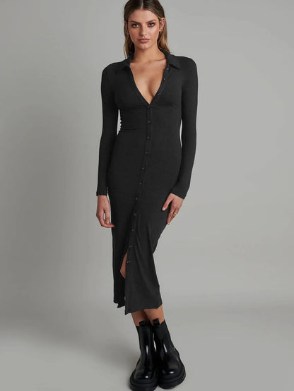 Tight Bag Hip Button-up Ribbed Slim  Midi Dresses