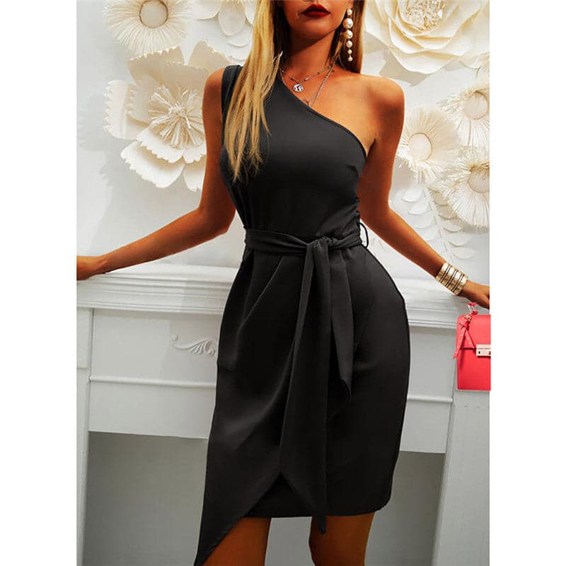 DressBetty -  Off Shoulder Slash Neck Asymmetrical Bodycon Mini Dress