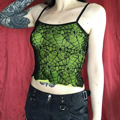 Gothic High Street  Mesh Lace Backless Ruffle Sleeveless Crop Top