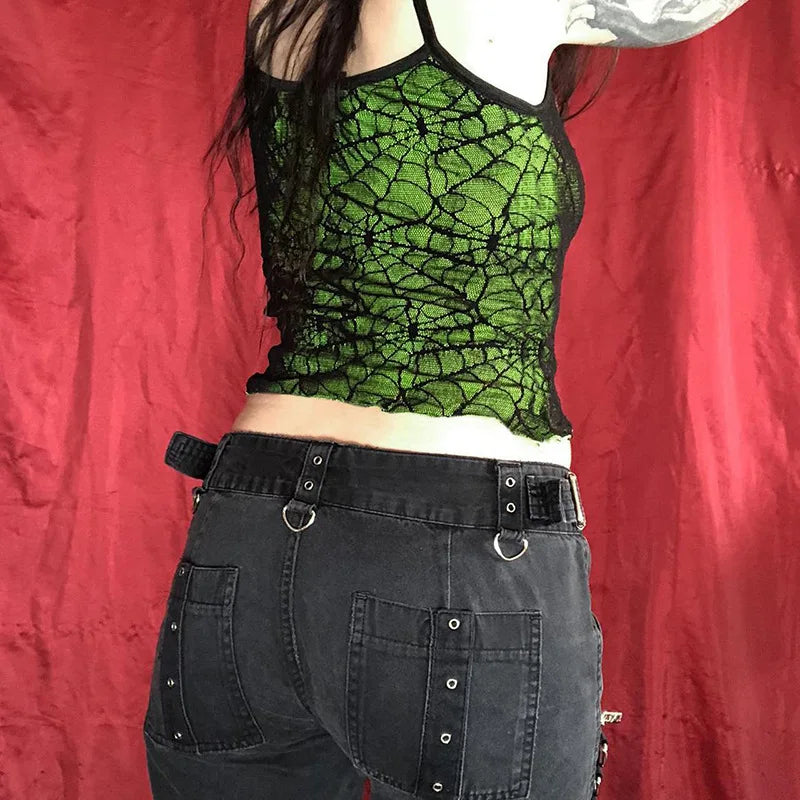 Gothic High Street  Mesh Lace Backless Ruffle Sleeveless Crop Top
