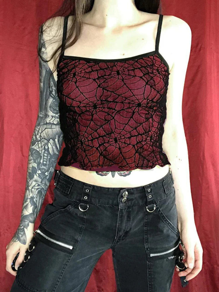 Gothic High Street  Mesh Lace Backless Ruffle Sleeveless Crop Top