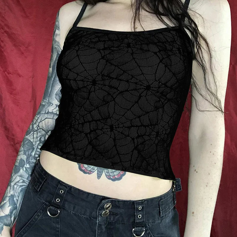 Gothic High Street  Mesh Lace Backless Ruffle Sleeveless Crop Top